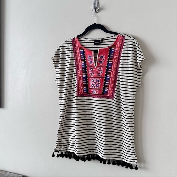 Rafaella-linen Blend Tassel Embroidered Summer Top - Picture 5 of 8